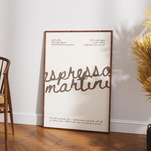 Wydruk artystyczny Espresso Martini, plakat z przepisem na koktajl do wystroju domowego baru, nowoczesna typografia ścienna, prezent dla miłośnika kawy, akcesorium do wózka barowego