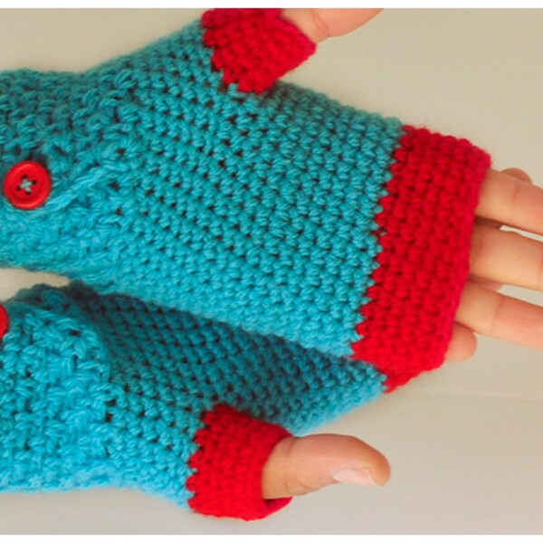 Turquoise and Red fingerless mittens