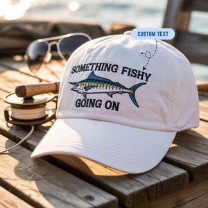Funny Embroidered Fishing Hat Something Fishy Going On Dad Hat Gift for Fishermen Wash Cap Baseball Cap Custom Personalized Hat