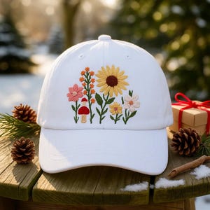 Embroidered Floral Baseball Cap with Sunflower and Wildflowers – Adjustable Unisex Wash Hat or 2-Tone Cap, Garden Nature Gift