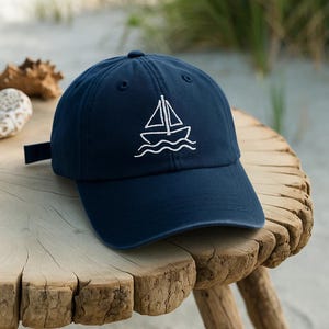Sailboat Embroidered Hat – Minimalist Boat Design Wash, Baseball or 2-Tone Cap – Nautical Gift for Sailor, Ocean Lover, Beach Vacation