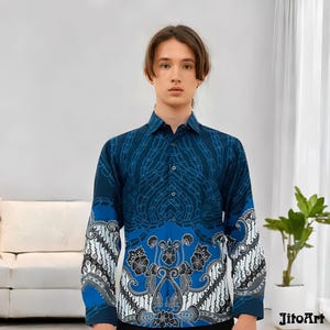 Marinblå herrskjorta med smal passform och batikmönster, långärmad topp med Ambara-motiv, modern indonesisk bomullsklänning, formell festklädsel