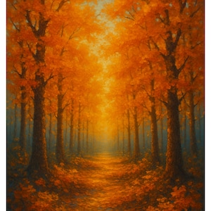 Arte de parede com caminho na floresta de outono | Pintura de paisagem dourada de outono | Impressão em tela aconchegante com tema de floresta sazonal | Decoração de casa com natureza