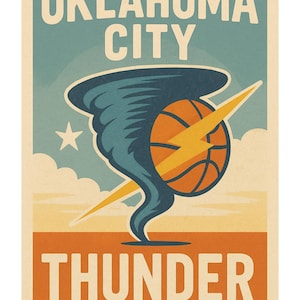 Pôster vintage de basquete do Oklahoma City Thunder | Impressão de arte de parede retrô da NBA | Download digital do Okc Thunder |