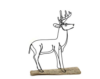 Big Buck Deer Sculpture Minimalist Art One Strand of Wire 3-D Art White Tail Deer Wire Art