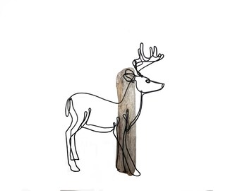 Big Buck Deer Sculpture Minimalist Art One Strand of Wire 3-D Art White Tail Deer Wire Art