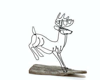 Big Buck Deer Sculpture Minimalist Art One Strand of Wire 3-D Art White Tail Deer Wire Art