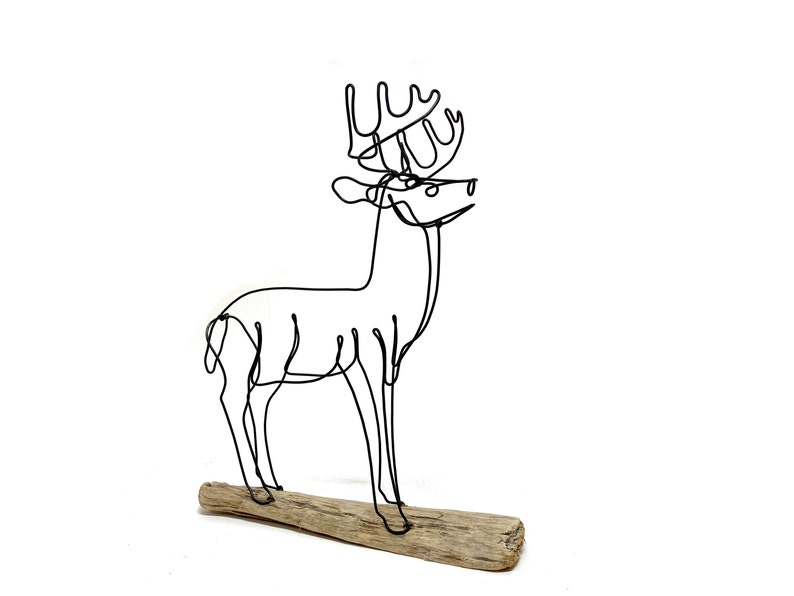 Big Buck Deer Sculpture Minimalist Art One Strand of Wire 3-D Art White Tail Deer Wire Art