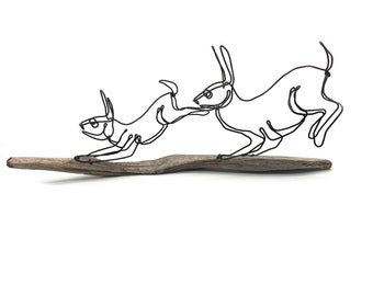 Running Rabbits Sculpture, Bunny Wire Art, Minimalist Sculpture, Double Trouble