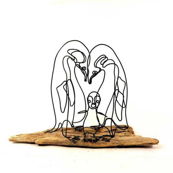 Penguin Wire Sculpture, Emperor Penguin Wire Art, Minimal Wire Sculpture, Emperor Penguin Family,