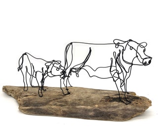 Cow and Calf Wire Sculpture, Cow Wire Art, Minimal Farmhouse Decor