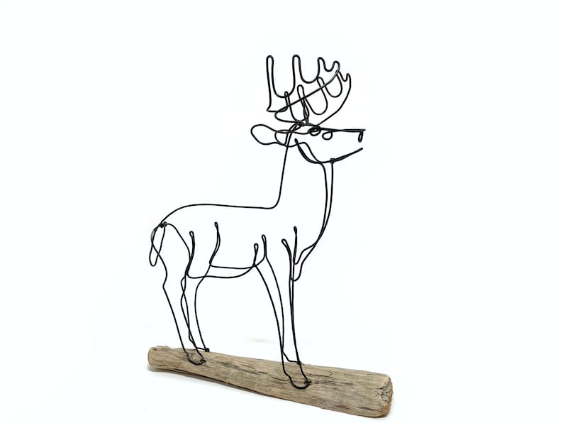 Big Buck Deer Sculpture Minimalist Art One Strand of Wire 3-D Art White Tail Deer Wire Art