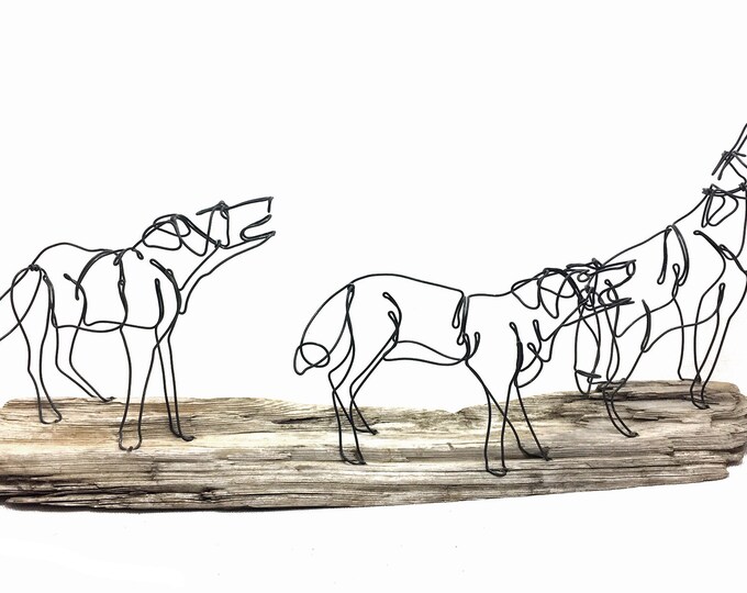Wolf Art, Howling Wolves Wire Sculpture, Trio of Wolves, Wolf Folk Art