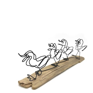 Wire Ducklings Sculpture: Minimalist Steel & Driftwood Art