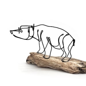 Bear Cub Wire Sculpture on Driftwood: One Line Art