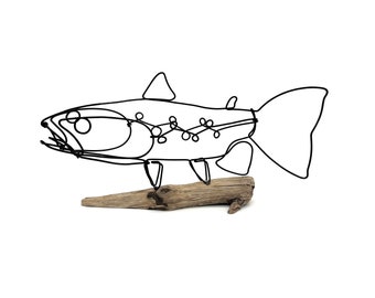 Trout Sculpture, Fish Wire Art with Driftwood Base, Cabin Decor Art, Great Father's Day Gift!