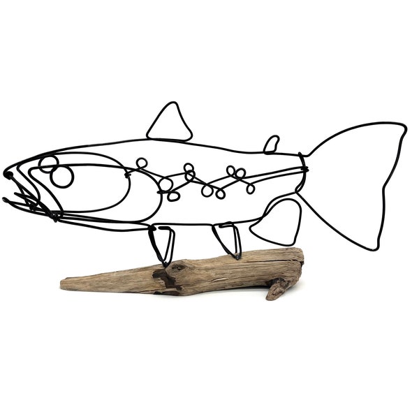 Trout Sculpture, Fish Wire Art with Driftwood Base, Cabin Decor Art, Great Father's Day Gift!