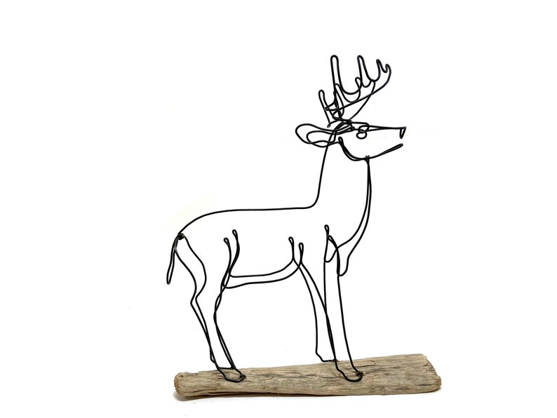Big Buck Deer Sculpture Minimalist Art One Strand of Wire 3-D Art White Tail Deer Wire Art