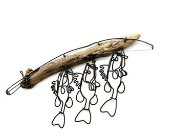 Bass Stringer Sculpture, Stringer with Fishing Rod, Bass Wire Art to Hang on the Wall, Minimal Wire Art, Perfect Gift!