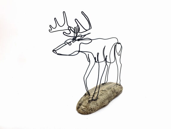 Big Buck Deer Sculpture Minimalist Art One Strand of Wire 3-D Art White Tail Deer Wire Art