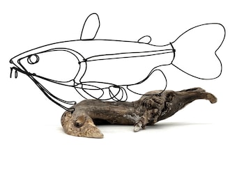 Catfish Sculpture on Driftwood, Fish Wire Art, Minimal Sculpture, Unique Gift!