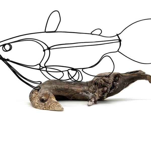 Catfish Sculpture on Driftwood, Fish Wire Art, Minimal Sculpture, Unique Gift!