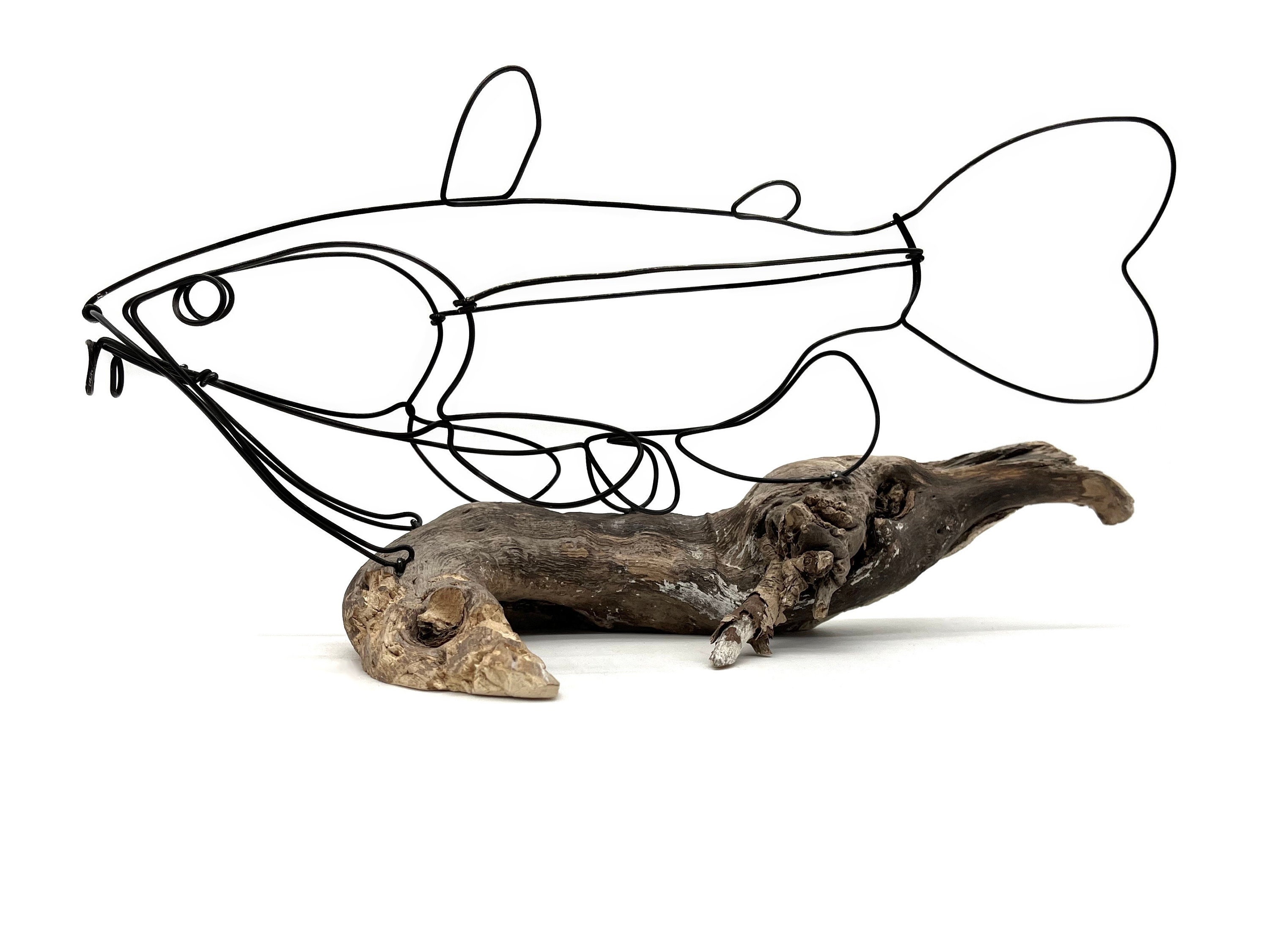 Catfish Sculpture on Driftwood, Fish Wire Art, Minimal Sculpture, Unique  Gift 