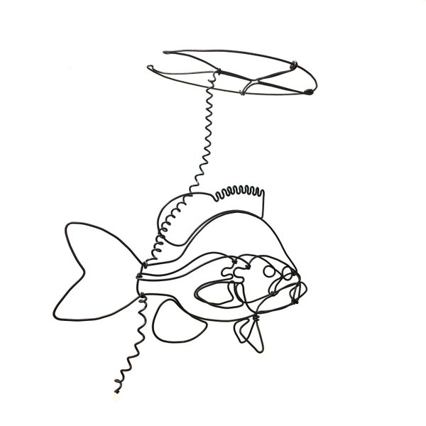 Sunfish Under a Lilypad, Hanging Sunfish Wire Sculpture, Minimal Sculpture