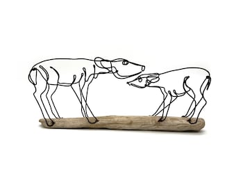 Doe and Fawn Sculpture, Deer Wildlife Art, Minimal Sculpture, Wire Art, Great gift for new mother!