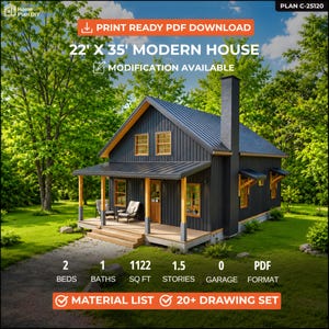 Plattegronden voor een kleine blokhut van 22x35 meter met loft, moderne cottage op maat (pdf & CAD)