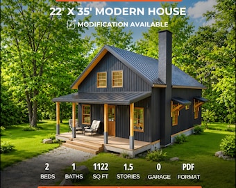 Small Cabin House Plans 22x35 with Loft, Custom Modern Cottage ( Pdf & CAD)
