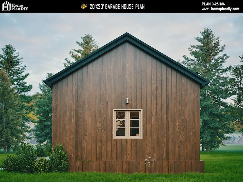 Może przedstawiać: Drewniany plan domu garażowego z ciemnozielonym dachem i małym oknem. Elewacja wykonana jest z pionowych drewnianych desek. Tekst "20'X20' GARAGE HOUSE PLAN" znajduje się na g&oacute;rze. Dom otoczony jest zieloną trawą i drzewami.