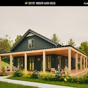 May include: A modern barn house design with a dark exterior, a wooden porch, and a gabled roof. The house is surrounded by greenery and has the text "30'x70' MODERN BARN HOUSE" at the top. The design includes a covered porch with wooden beams.