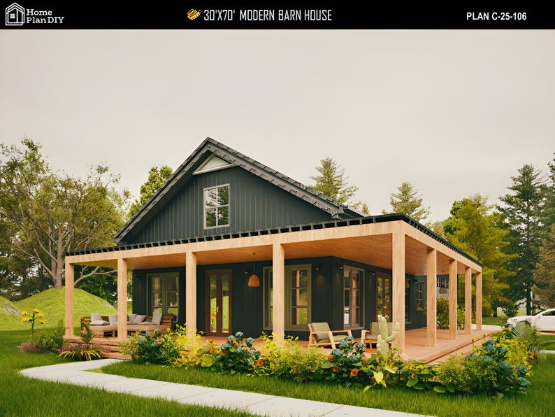 May include: A modern barn house design with a dark exterior, a wooden porch, and a gabled roof. The house is surrounded by greenery and has the text "30'x70' MODERN BARN HOUSE" at the top. The design includes a covered porch with wooden beams.