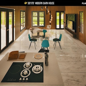 May include: Interior view of a modern barn house design. The open-plan living space features a kitchen island with a stovetop, a dining area with a glass table and teal chairs, and a living room with a sofa and TV. The house has large windows and wooden accents.