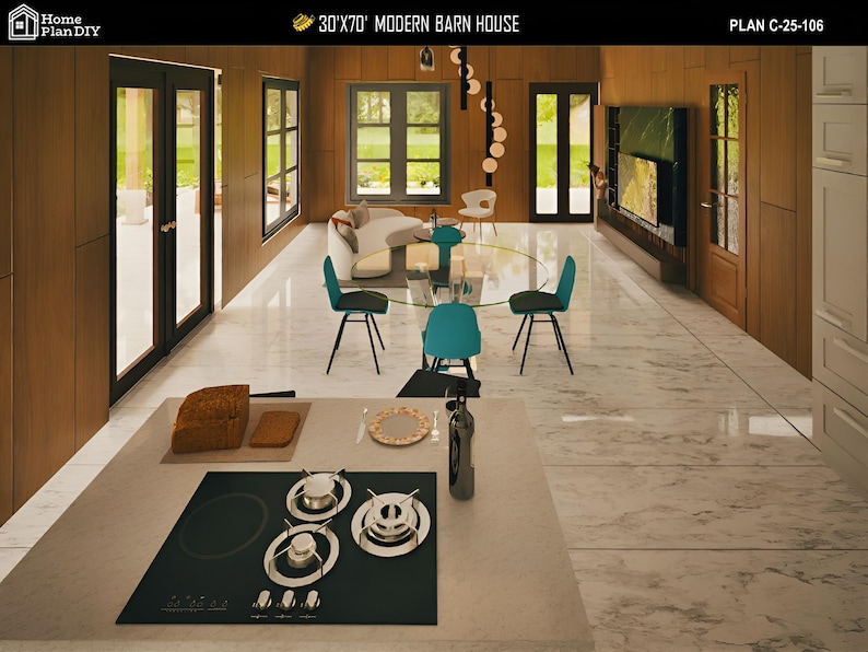 May include: Interior view of a modern barn house design. The open-plan living space features a kitchen island with a stovetop, a dining area with a glass table and teal chairs, and a living room with a sofa and TV. The house has large windows and wooden accents.