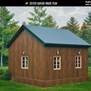 Może przedstawiać: Plan domu garażowego 20'x20' z ciemnobrązowym drewnianym wykończeniem, niebieskim dachem z blachy falistej i trzema oknami. Budynek otoczony jest zieloną trawą i drzewami. Tekst "Home Plan DIY" znajduje się w lewym g&oacute;rnym rogu.