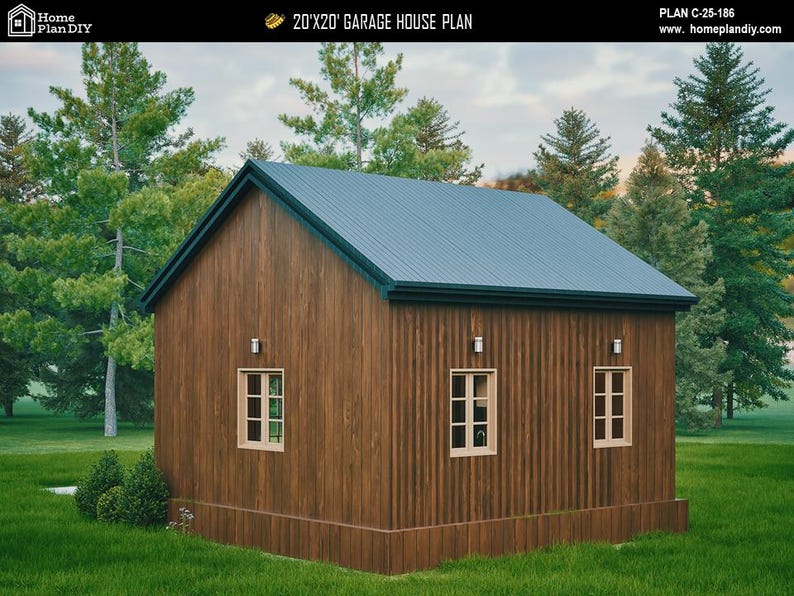 Może przedstawiać: Plan domu garażowego 20'x20' z ciemnobrązowym drewnianym wykończeniem, niebieskim dachem z blachy falistej i trzema oknami. Budynek otoczony jest zieloną trawą i drzewami. Tekst "Home Plan DIY" znajduje się w lewym g&oacute;rnym rogu.