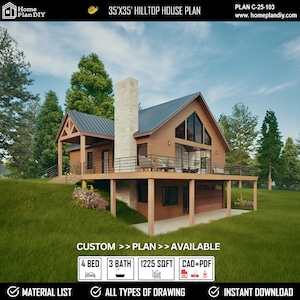 Hilltop Mountain House Plan 2 Car Garage| 35' X 35' Full Architectural Plans Set |  Mountain Plan with Vaulted Loft | Modern Farmhouse  DIY