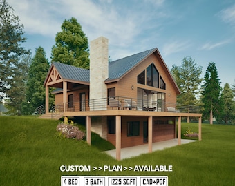 Progetto di casa in montagna in cima alla collina, garage per 2 auto/set di progetti architettonici completi da 35' X 35'/progetto di montagna con soppalco a volta/casa colonica moderna fai da te