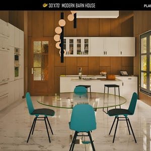 May include: Interior view of a modern kitchen and dining area. The kitchen features white cabinets and countertops, with a wooden accent wall. A glass-topped table is surrounded by teal chairs. The text "30'X70' MODERN BARN HOUSE" is visible.