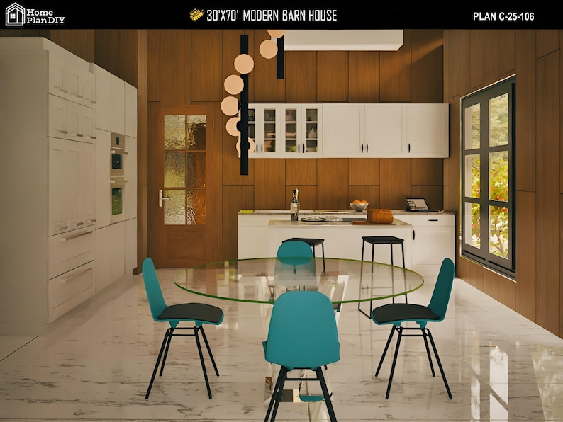May include: Interior view of a modern kitchen and dining area. The kitchen features white cabinets and countertops, with a wooden accent wall. A glass-topped table is surrounded by teal chairs. The text "30'X70' MODERN BARN HOUSE" is visible.