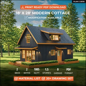 Può includere: Un piano casa cottage moderno di 18' x 28' con rivestimento verticale scuro, tetto in metallo nero e finiture arancioni. Il design include 2 letti, 2 bagni, 1005 piedi quadrati e 1,5 piani. Testo: PRINT READY PDF DOWNLOAD.