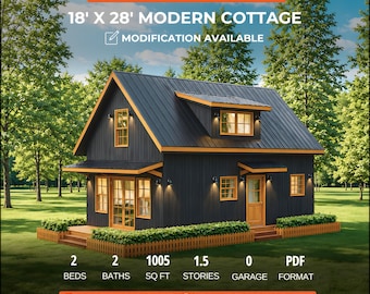 Modern Small Cottage House Plan 18x28, Two-Stories DIY Floor Plans PDF & CAD Instant Download