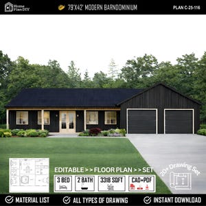 May include: A modern barndominium house plan with a black exterior, featuring a 79' x 42' design. The image includes a floor plan, details for 3 bedrooms, 2 baths, and 3318 sq ft. The plan is editable and available for instant download.
