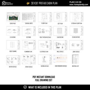 May include: A 26'x30' prefab cabin plan, labeled Plan C-25-109, featuring a comprehensive PDF drawing set. The document includes a cover page, floor and loft plans, elevations, sections, plumbing, electrical, framing, and a detailed material list.