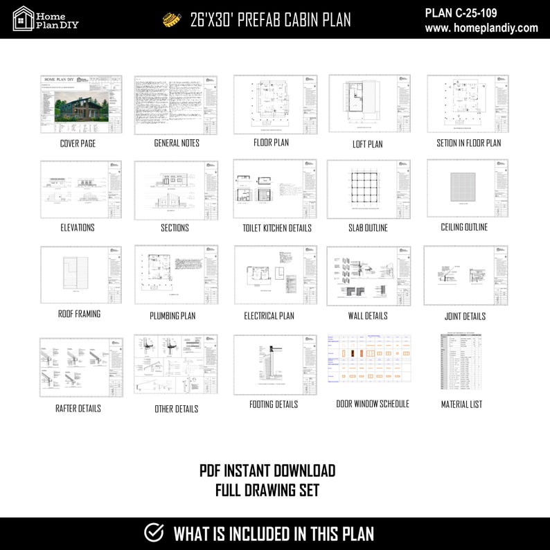 May include: A 26'x30' prefab cabin plan, labeled Plan C-25-109, featuring a comprehensive PDF drawing set. The document includes a cover page, floor and loft plans, elevations, sections, plumbing, electrical, framing, and a detailed material list.