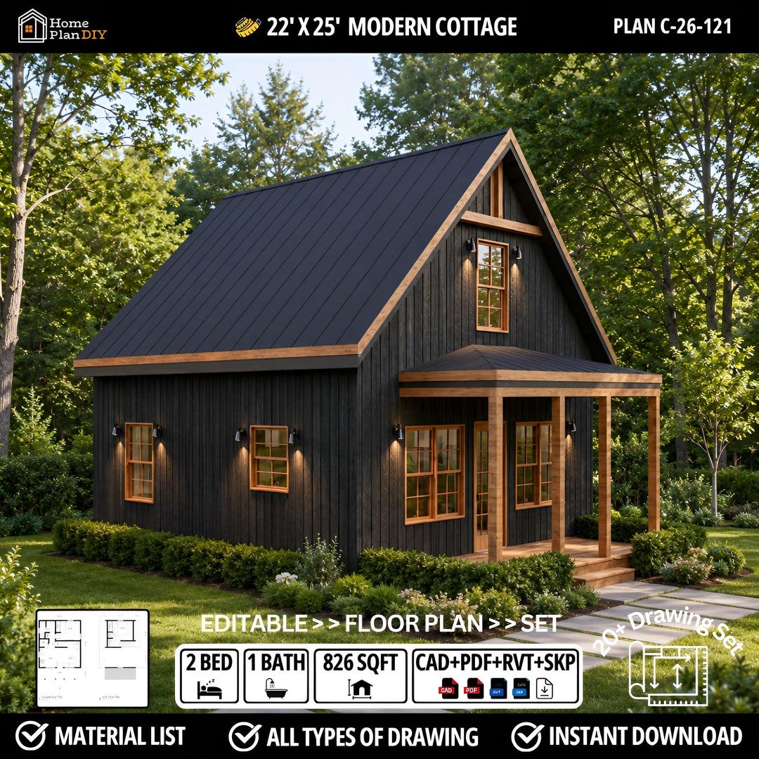 Modern Small Cabin House Plan With Loft: 22X25, Cottage House DIY Floor ...