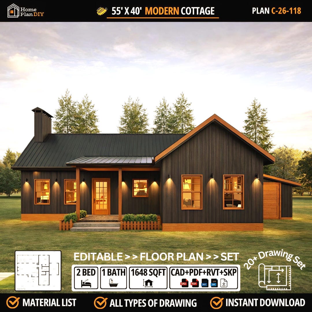 Modern Cottage House Plan With Porch: 2bed, 1bath, 1648 Sqft ...
