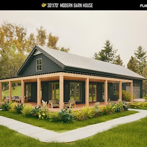 May include: A modern barn house design with a dark gray exterior, a light wood porch, and a gray roof. The house is surrounded by green grass and landscaping. The text "30'x70' MODERN BARN HOUSE" is visible at the top of the image.